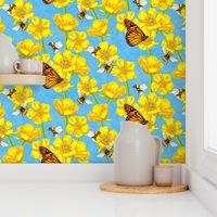 French Blue Buttercups, Bees and Butterflies Illustrated Color Medium Scale