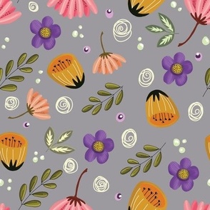 Hand drawn Flowers and Twigs in Yellow Pink Purple white and green on Light Grey  Background