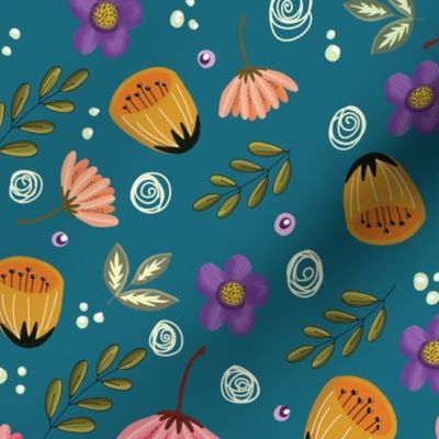 Flowers, Twigs and botanicals  of pink purple and yellow on Teal Background