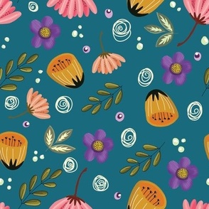 Flowers, Twigs and botanicals  of pink purple and yellow on Teal Background