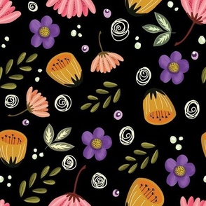 Hand drawn Flowers and Twigs in Yellow Pink Purple white and green on Black  Background