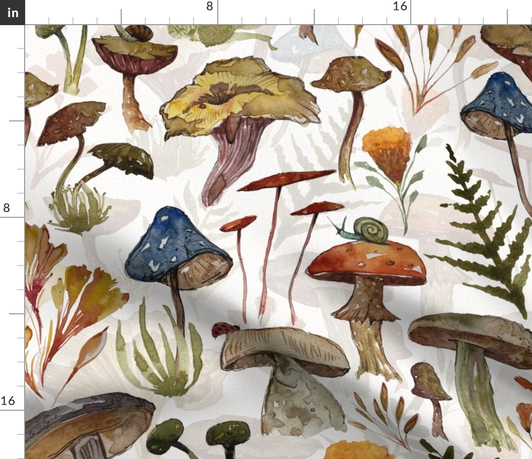 Large // Mushrooms in watercolor on ecru