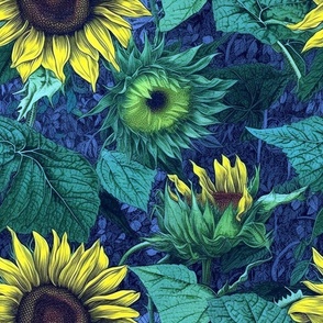 British Botanicals: Sunflowers Blue and Green 