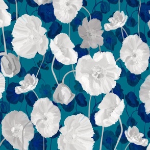 Gray poppies on a blue background