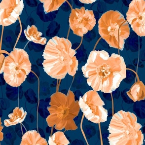 Peach poppies  on a blue  background