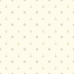 little dark sand ship's wheel  and light sand anchor on a solidbeige background - minimal one line 