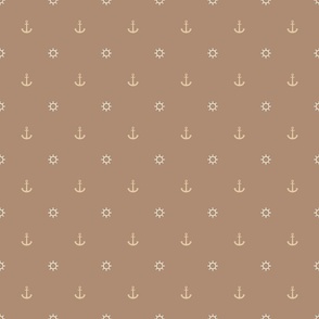 little beige ship's wheel  and light sand anchor on a solid dark sand background - minimal one line 