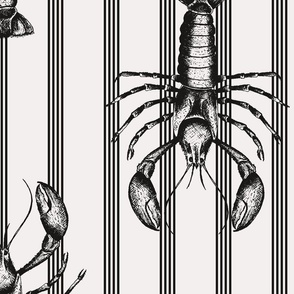 Lobster and stripes black and white coastal toile - large scale