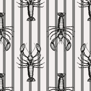 Lobster and stripes black and white coastal toile - medium scale