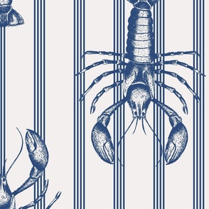Lobster and stripes cobalt blue and white coastal toile - large scale