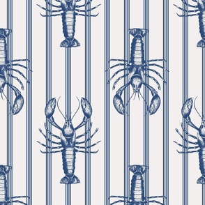 Lobster and stripes cobalt blue and white coastal toile - medium scale