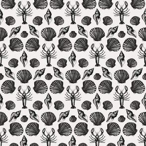 Lobster and sea shells black and white coastal toile - small