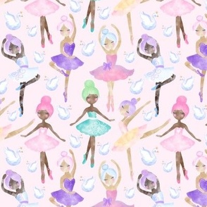 International ballerinas and swans on pink background