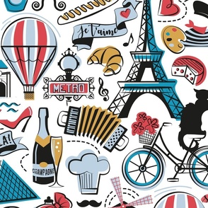 Large jumbo scale // Paris Je T'aime! // white background black and white red Caribbean and fog blue and mustard France popular travel motifs monuments museums bike café champagne baguette croissant moules metro fashion perfume air balloons 