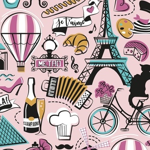 Large jumbo scale // Paris Je T'aime! // cotton candy pink background black and white peony aqua ocean and mustard France popular travel motifs monuments museums bike café champagne baguette croissant moules metro fashion perfume air balloons 