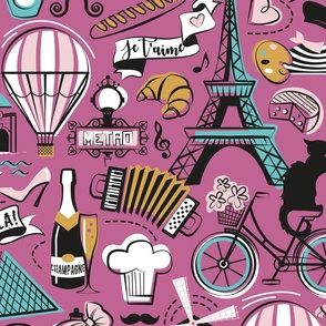 Large jumbo scale // Paris Je T'aime! // peony pink background black and white cotton candy aqua ocean and mustard France popular travel motifs monuments museums bike café champagne baguette croissant moules metro fashion perfume air balloons 