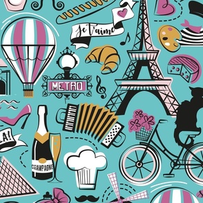 Large jumbo scale // Paris Je T'aime! // aqua ocean background black and white cotton candy peony and mustard France popular travel motifs monuments museums bike café champagne baguette croissant moules metro fashion perfume air balloons 