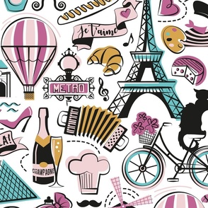 Large jumbo scale // Paris Je T'aime! // white background black and white cotton candy peony aqua ocean and mustard France popular travel motifs monuments museums bike café champagne baguette croissant moules metro fashion perfume air balloons 