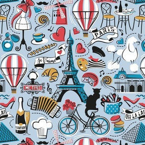 Normal scale // Paris Je T'aime! // pastel blue fog background black and white red Caribbean blue and yellow mustard France popular travel motifs monuments museums bike café champagne baguette croissant moules metro fashion perfume air balloons 
