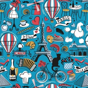 Normal scale // Paris Je T'aime! // Caribbean blue background black and white red fog blue and yellow mustard France popular travel motifs monuments museums bike café champagne baguette croissant moules metro fashion perfume air balloons 