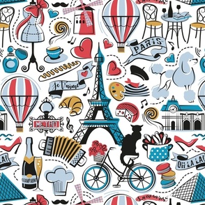 Normal scale // Paris Je T'aime! // white background black and white red Caribbean and fog blue and mustard France popular travel motifs monuments museums bike café champagne baguette croissant moules metro fashion perfume air balloons 