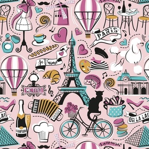 Normal scale // Paris Je T'aime! // cotton candy pink background black and white peony aqua ocean and mustard France popular travel motifs monuments museums bike café champagne baguette croissant moules metro fashion perfume air balloons 
