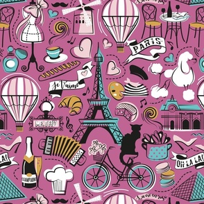 Normal scale // Paris Je T'aime! // peony pink background black and white cotton candy aqua ocean and mustard France popular travel motifs monuments museums bike café champagne baguette croissant moules metro fashion perfume air balloons 