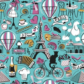 Normal scale // Paris Je T'aime! // aqua ocean background black and white cotton candy peony and mustard France popular travel motifs monuments museums bike café champagne baguette croissant moules metro fashion perfume air balloons 