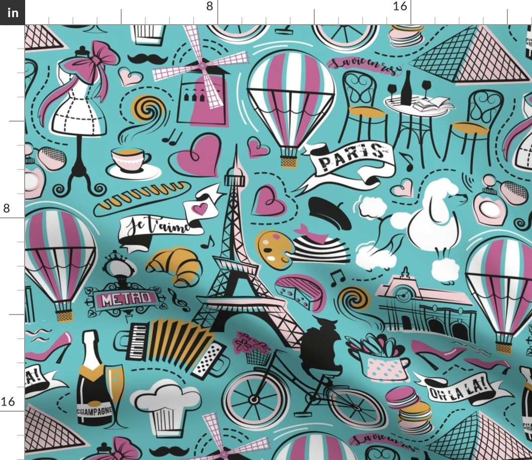 Normal scale // Paris Je T'aime! // aqua ocean background black and white cotton candy peony and mustard France popular travel motifs monuments museums bike café champagne baguette croissant moules metro fashion perfume air balloons 