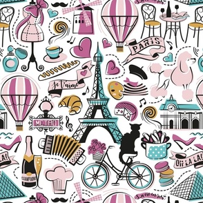 Normal scale // Paris Je T'aime! // white background black and white cotton candy peony aqua ocean and mustard France popular travel motifs monuments museums bike café champagne baguette croissant moules metro fashion perfume air balloons 