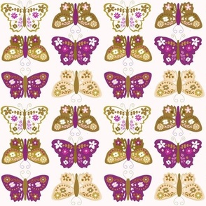 Large Scale // Violet Purple and Chartreuse Vintage Check Butterflies on White
