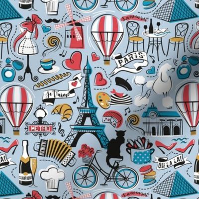 Small scale // Paris Je T'aime! // pastel blue fog background black and white red Caribbean blue and yellow mustard France popular travel motifs monuments museums bike café champagne baguette croissant moules metro fashion perfume air balloons 