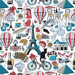 Small scale // Paris Je T'aime! // white background black and white red Caribbean and fog blue and mustard France popular travel motifs monuments museums bike café champagne baguette croissant moules metro fashion perfume air balloons 
