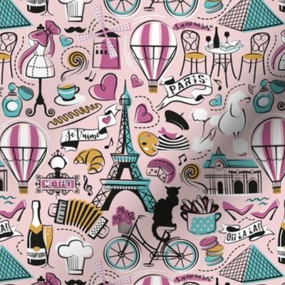 Small scale // Paris Je T'aime! // cotton candy pink background black and white peony aqua ocean and mustard France popular travel motifs monuments museums bike café champagne baguette croissant moules metro fashion perfume air balloons 