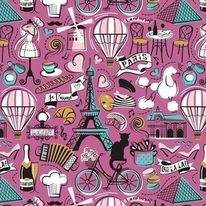 Small scale // Paris Je T'aime! // peony pink background black and white cotton candy aqua ocean and mustard France popular travel motifs monuments museums bike café champagne baguette croissant moules metro fashion perfume air balloons 