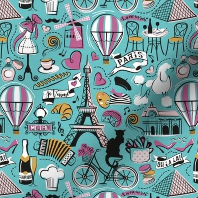 Small scale // Paris Je T'aime! // aqua ocean background black and white cotton candy peony and mustard France popular travel motifs monuments museums bike café champagne baguette croissant moules metro fashion perfume air balloons 
