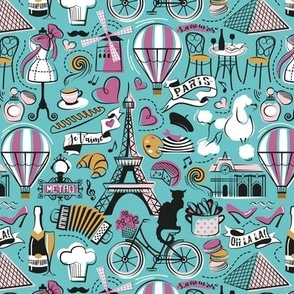 Small scale // Paris Je T'aime! // aqua ocean background black and white cotton candy peony and mustard France popular travel motifs monuments museums bike café champagne baguette croissant moules metro fashion perfume air balloons 