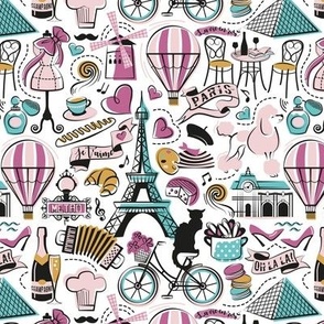 Small scale // Paris Je T'aime! // white background black and white cotton candy peony aqua ocean and mustard France popular travel motifs monuments museums bike café champagne baguette croissant moules metro fashion perfume air balloons 