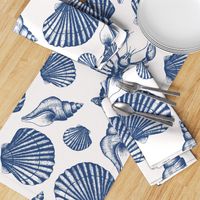 Lobster and sea shells white and blue coastal toile - large scale