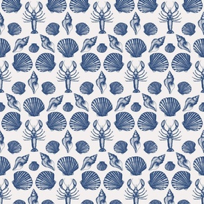 Lobster and sea shells white and blue coastal toile - small