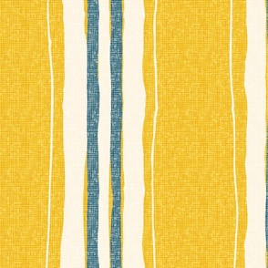 hand painted linen ticking stripe jumbo wallpaper scale in mustard yellow teal by Pippa Shaw