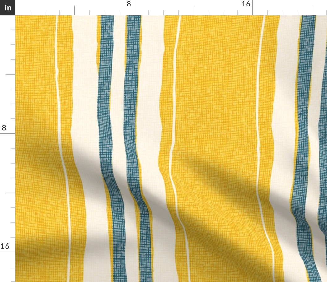 hand painted linen ticking stripe jumbo wallpaper scale in mustard yellow teal by Pippa Shaw