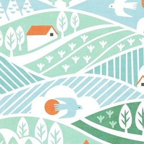 Peaceful Provence - M - Hills Fields Rural Country Towns Houses Farmland Teal Blue Green Woods Trees Geometric Stripes French France Scandinavian Folk Retro Vintage Baby Nursery Kids Children 