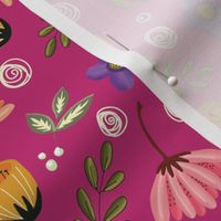 Hand drawn Flowers and Twigs in Yellow Pink Purple white and green on a hot pink background