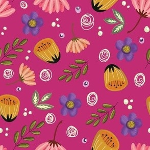 Hand drawn Flowers and Twigs in Yellow Pink Purple white and green on a hot pink background