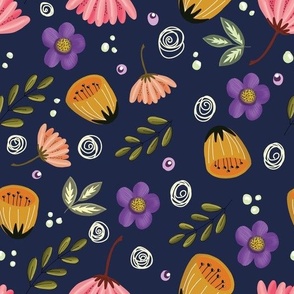 Hand drawn Flowers and Twigs in Yellow Pink Purple white and green on Light Grey  Background