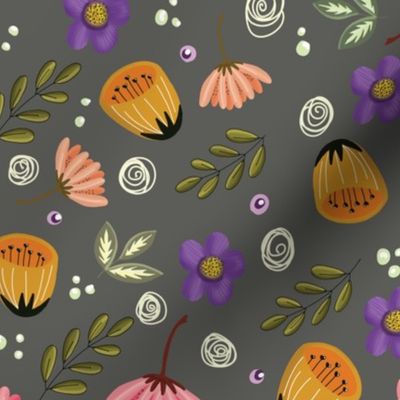 Hand drawn Flowers and Twigs in Yellow Pink Purple white and green on Dark Grey  Background