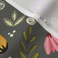 Hand drawn Flowers and Twigs in Yellow Pink Purple white and green on Dark Grey  Background