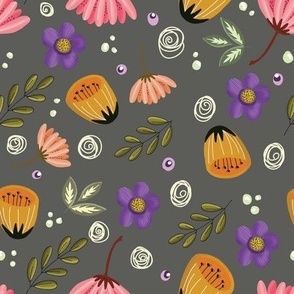 Hand drawn Flowers and Twigs in Yellow Pink Purple white and green on Dark Grey  Background