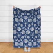 Lobster and sea shells cobalt blue and white coastal toile - large scale